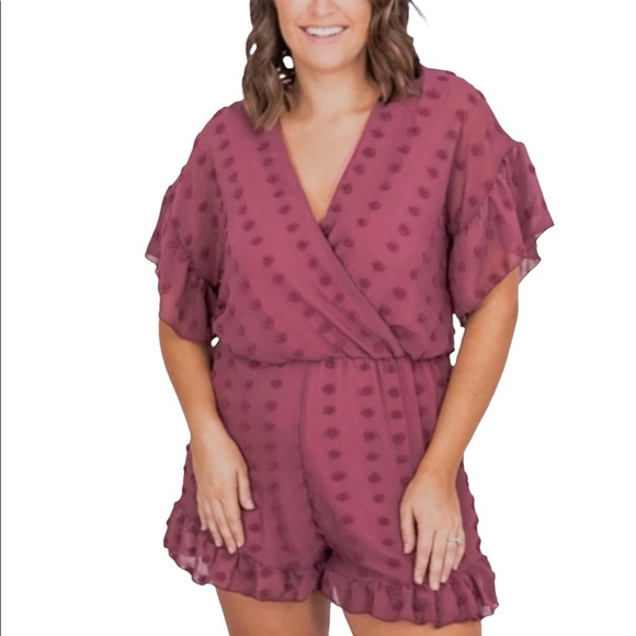 Pink Lily Pants - Pink Lily A Social Butterfly Maroon Swiss Dot Romper Size Medium